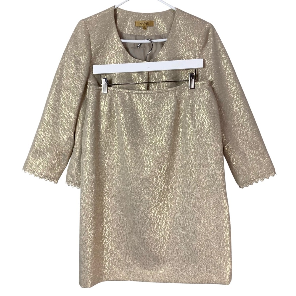 Kasper Cream Gold Metallic Skirt Suit 12 Button Scoop 3/4 Sleeve Scalloped Hem